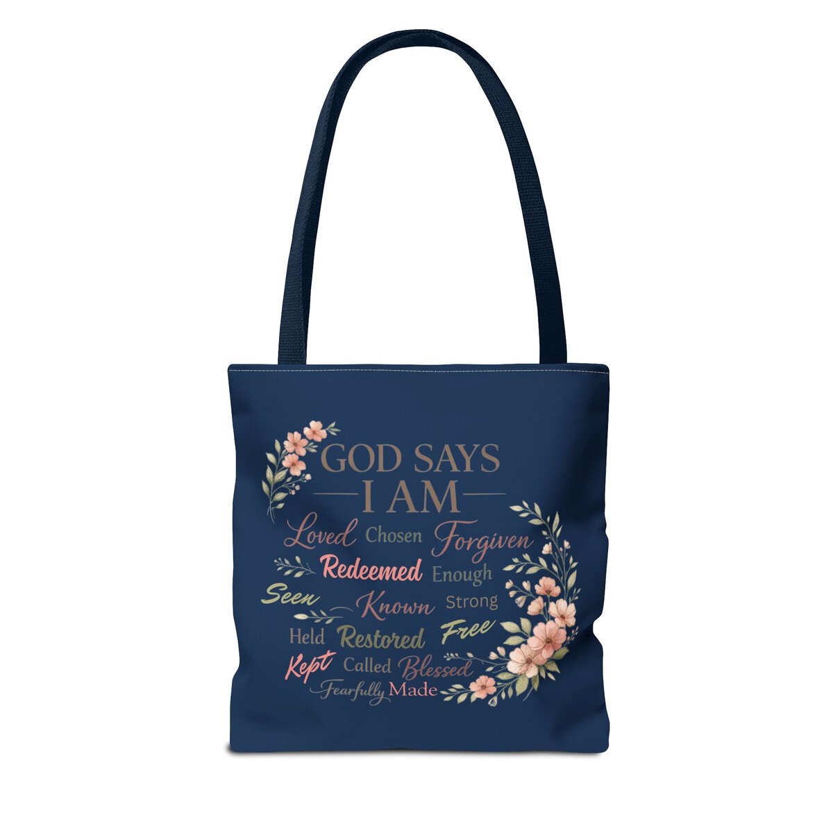 GOD SAYS I AM WORD CLOUD - FLORAL MOTIF - NVY - Tote Bag (AOP) - Image 8