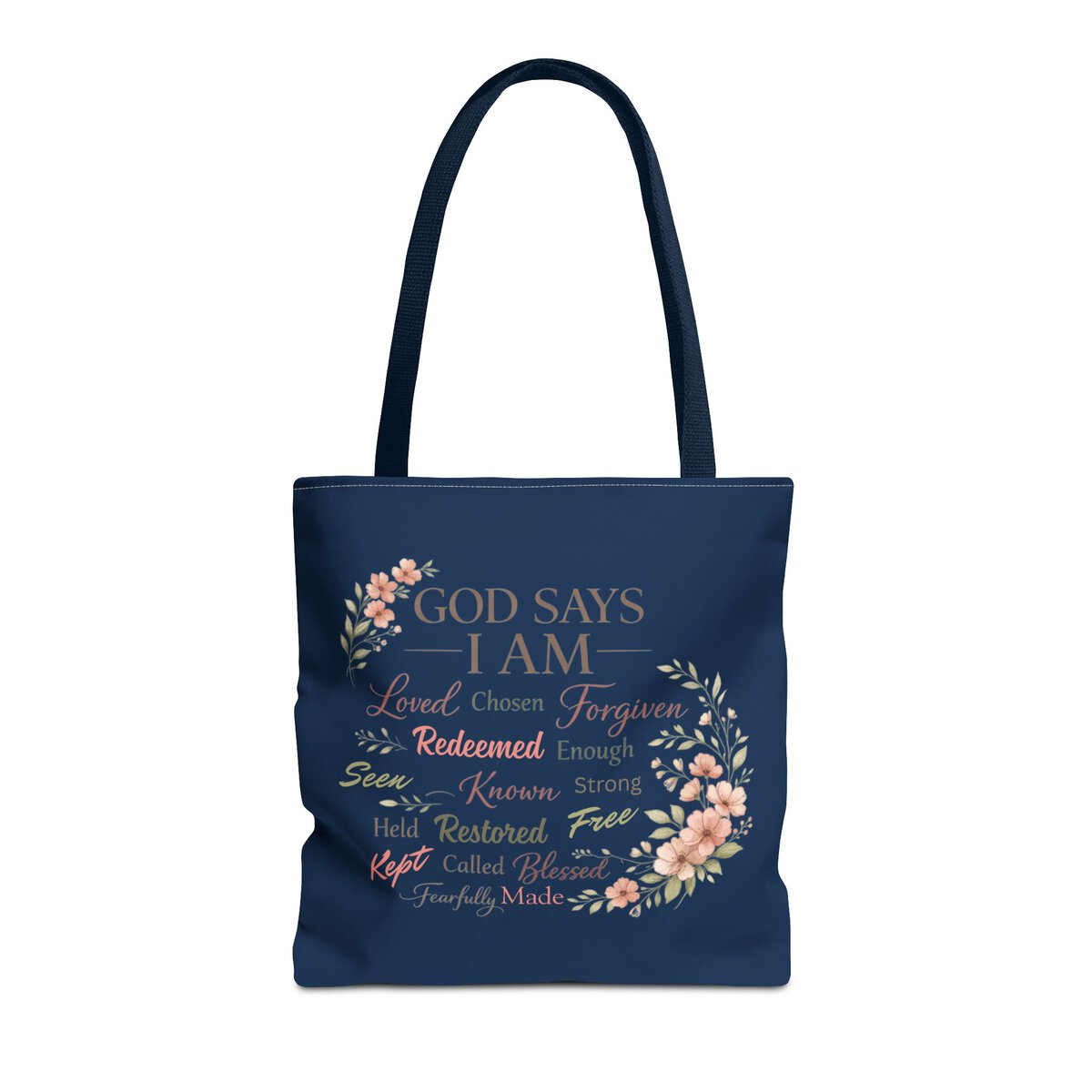 GOD SAYS I AM WORD CLOUD - FLORAL MOTIF - NVY - Tote Bag (AOP) - Image 9