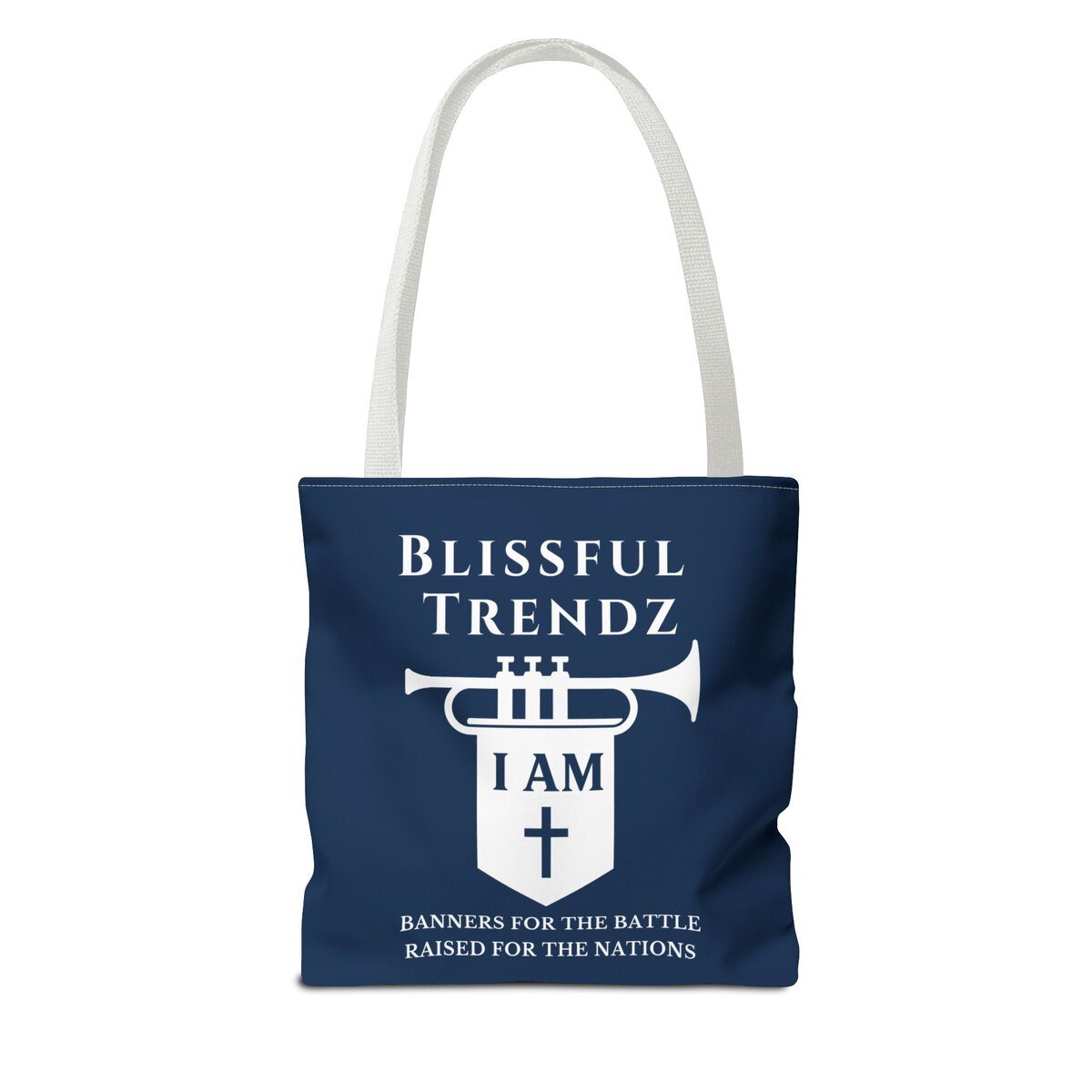 Blissful Trendz - I AM - Banners For The Battle - Raised For The Nations - NVY/WHT - Tote Bag (AOP) - Image 6