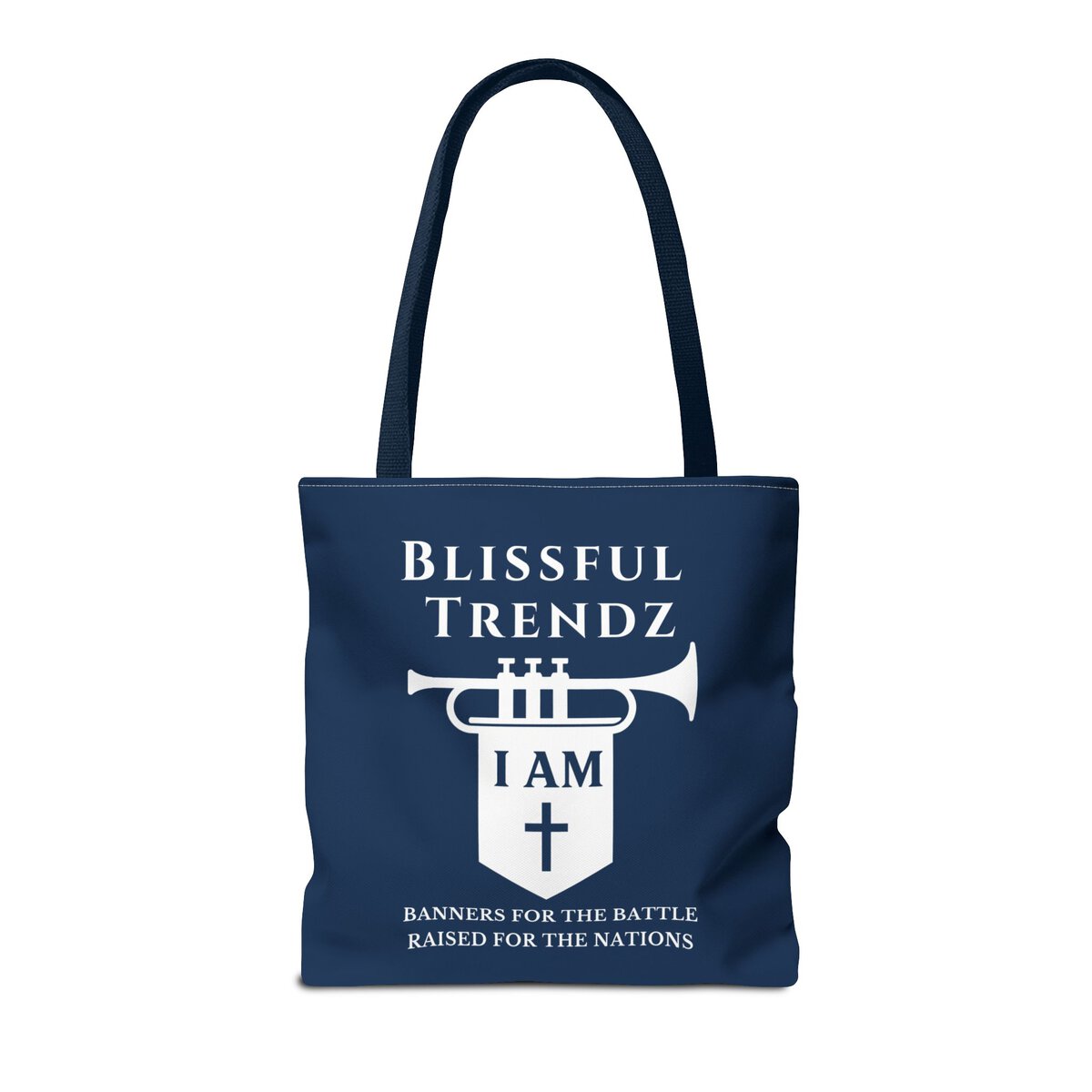 Blissful Trendz - I AM - Banners For The Battle - Raised For The Nations - NVY/WHT - Tote Bag (AOP) - Image 4
