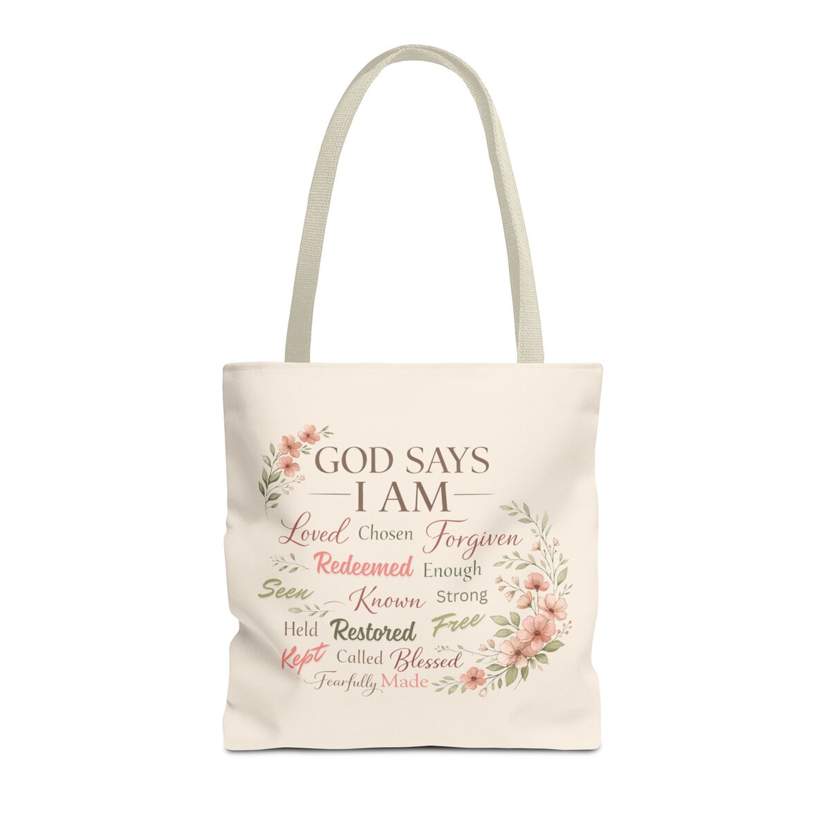 GOD SAYS I AM WORD CLOUD - FLORAL MOTIF - BGE - Tote Bag (AOP) - Image 3