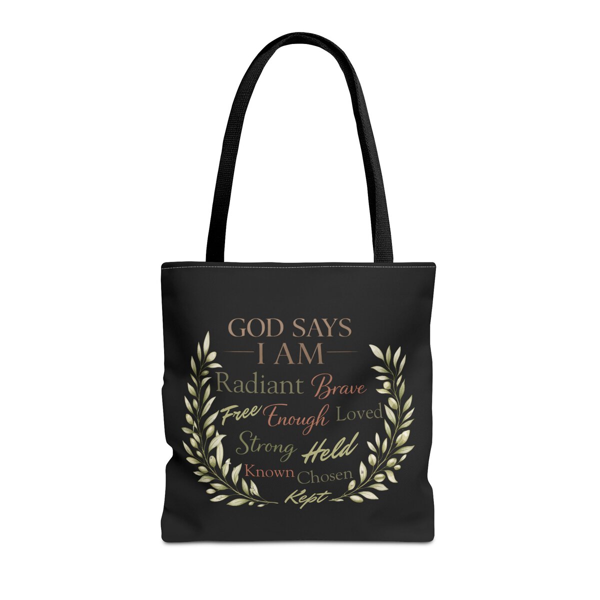 GOD SAYS I AM WORD CLOUD - OLIVE BRANCH MOTIF - BLCK - Tote Bag (AOP) - Image 3