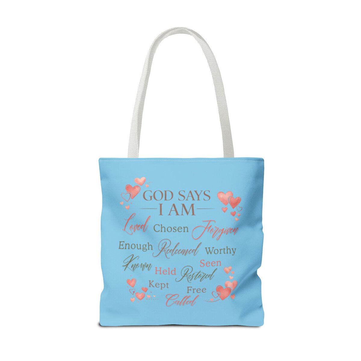 GOD SAYS I AM WORD CLOUD - HEART MOTIF - SKY-BL - Tote Bag (AOP) - Image 6