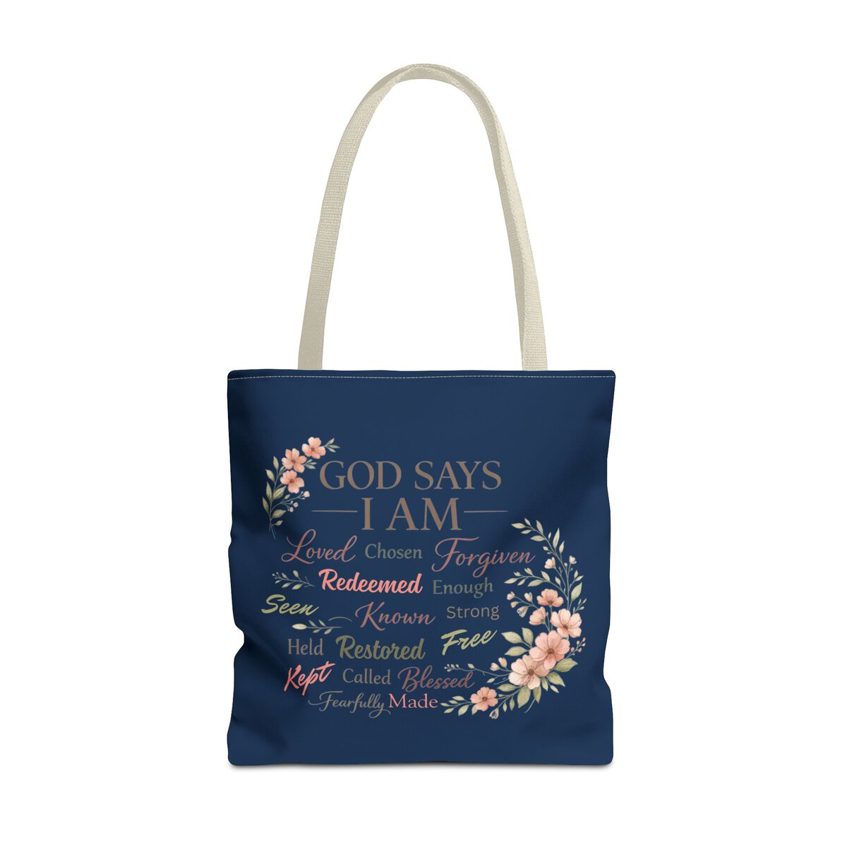 GOD SAYS I AM WORD CLOUD - FLORAL MOTIF - NVY - Tote Bag (AOP) - Image 5