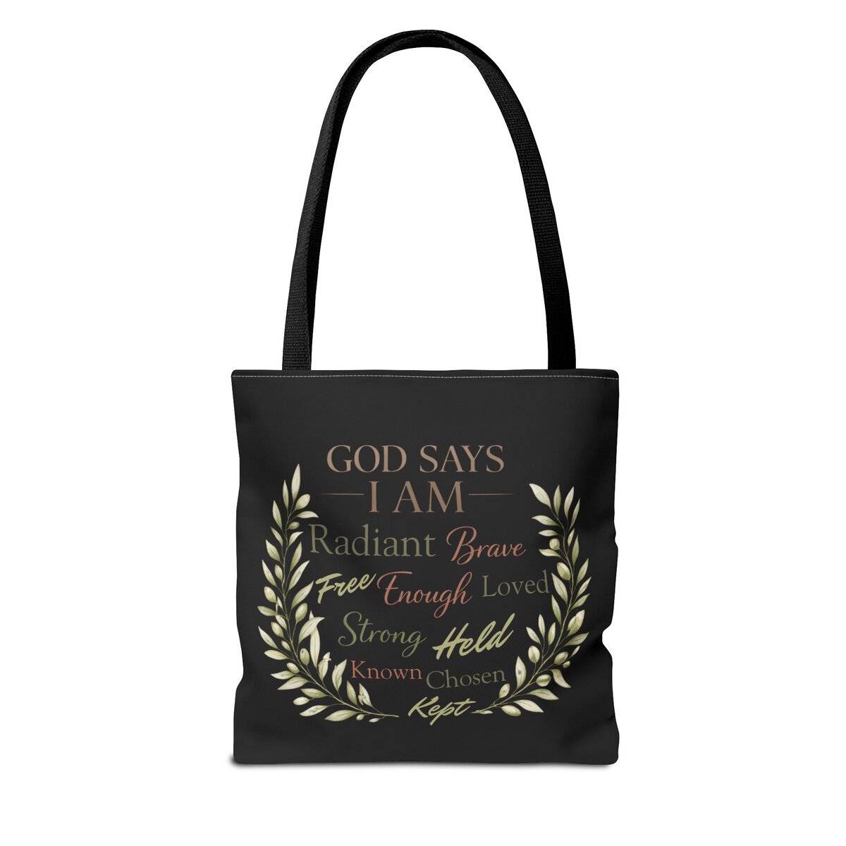GOD SAYS I AM WORD CLOUD - OLIVE BRANCH MOTIF - BLCK - Tote Bag (AOP) - Image 2