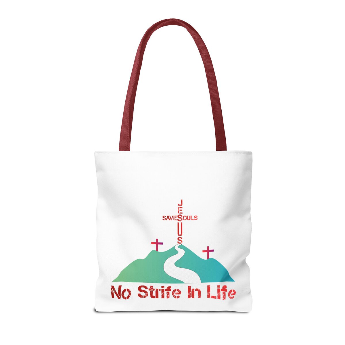 Jesus Saves Souls - No Strife In Life - RD/GRN - WHT - Tote Bag (AOP) - Image 4