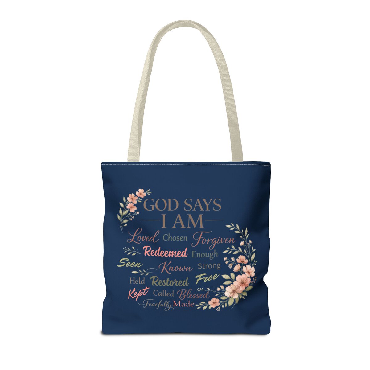 GOD SAYS I AM WORD CLOUD - FLORAL MOTIF - NVY - Tote Bag (AOP) - Image 4