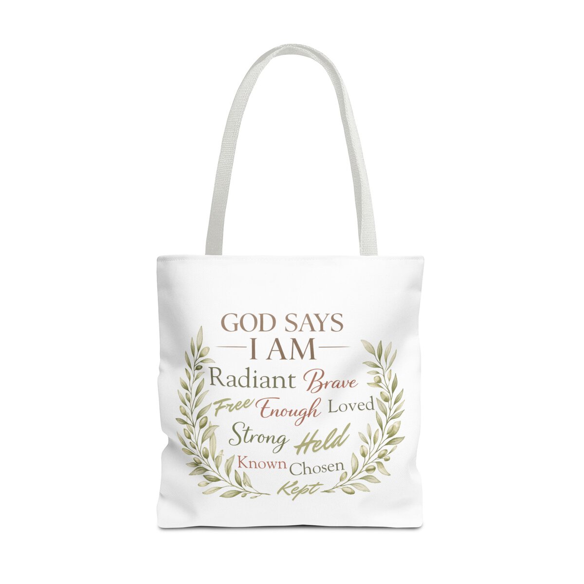 GOD SAYS I AM WORD CLOUD - OLIVE BRANCH MOTIF - WHT - Tote Bag (AOP) - Image 5