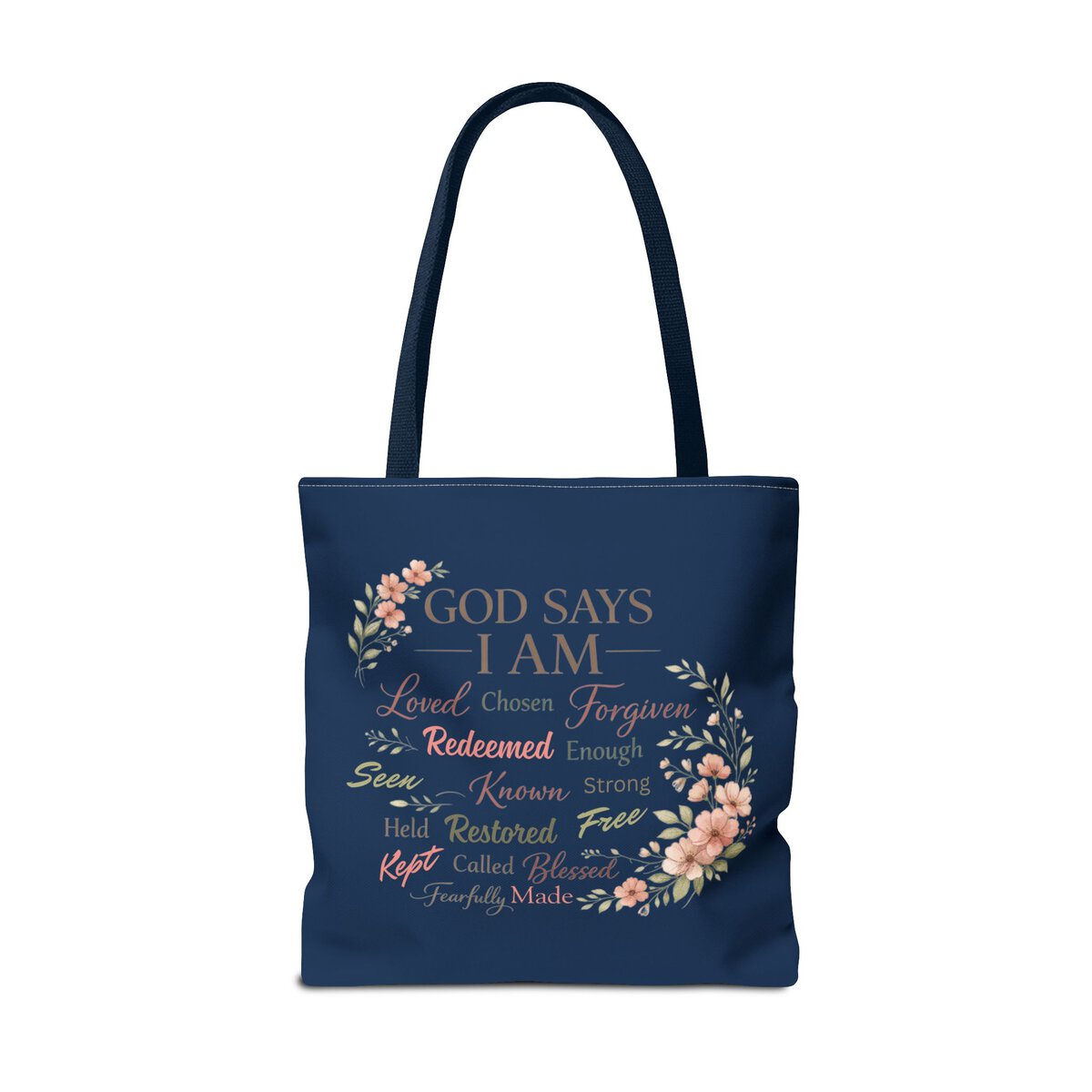 GOD SAYS I AM WORD CLOUD - FLORAL MOTIF - NVY - Tote Bag (AOP) - Image 12