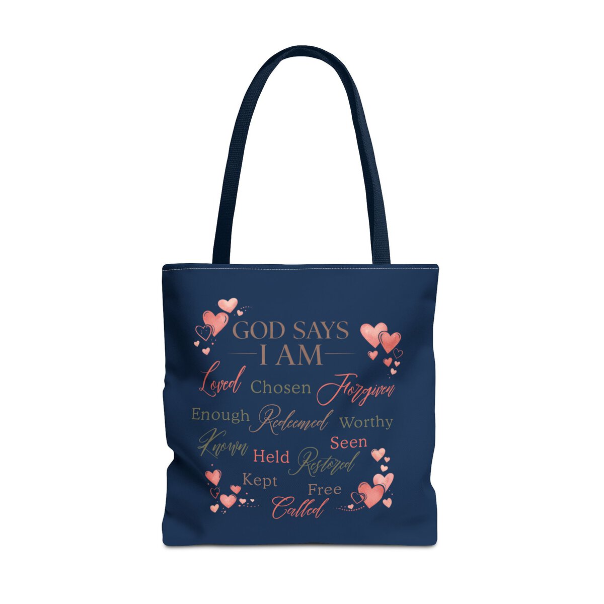 GOD SAYS I AM WORD CLOUD - HEART MOTIF - NVY - Tote Bag (AOP) - Image 5