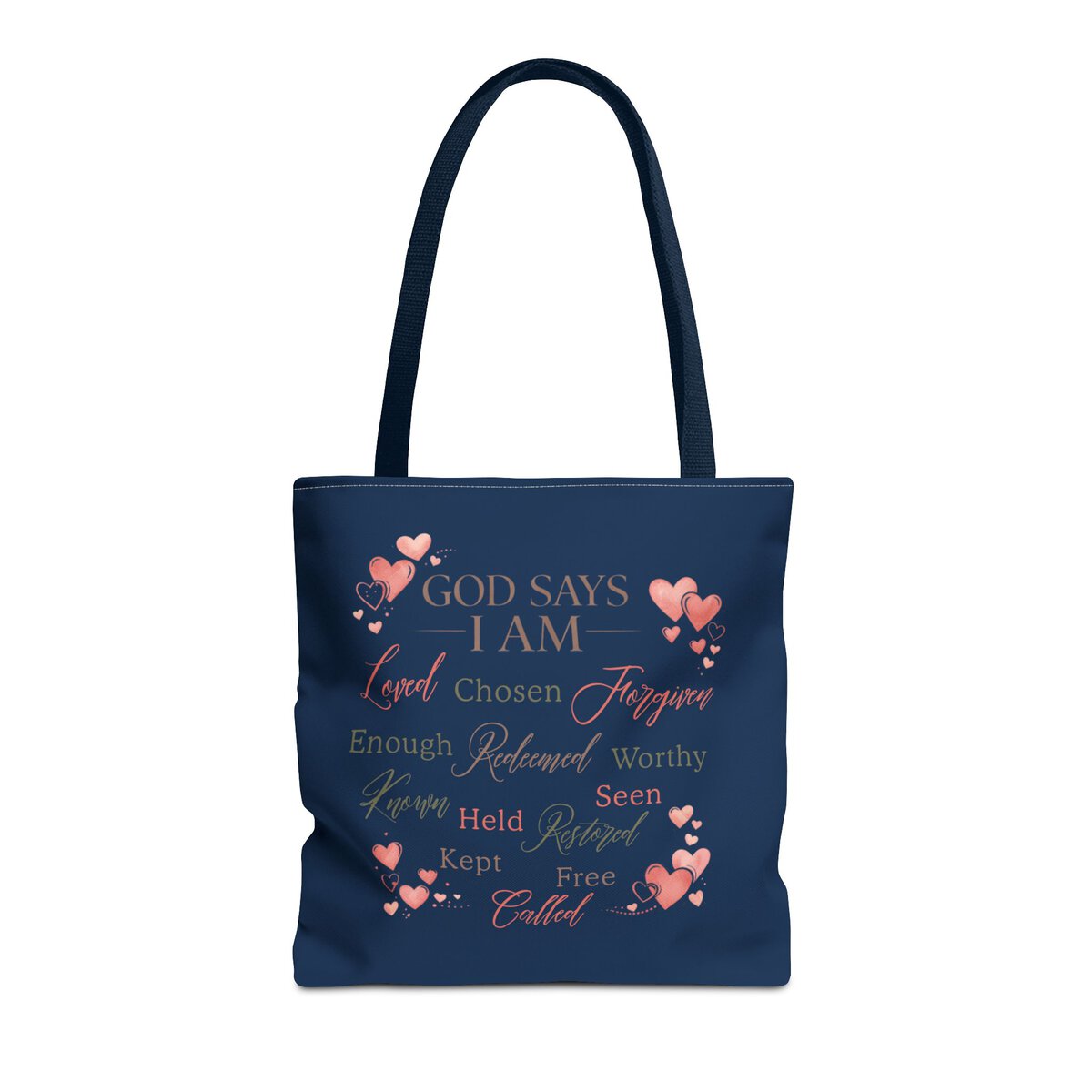 GOD SAYS I AM WORD CLOUD - HEART MOTIF - NVY - Tote Bag (AOP) - Image 3