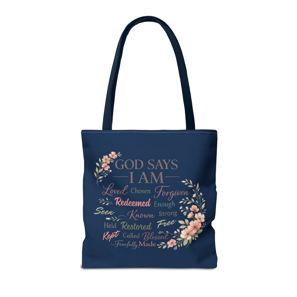 GOD SAYS I AM WORD CLOUD - FLORAL MOTIF - NVY - Tote Bag (AOP) - Image 10