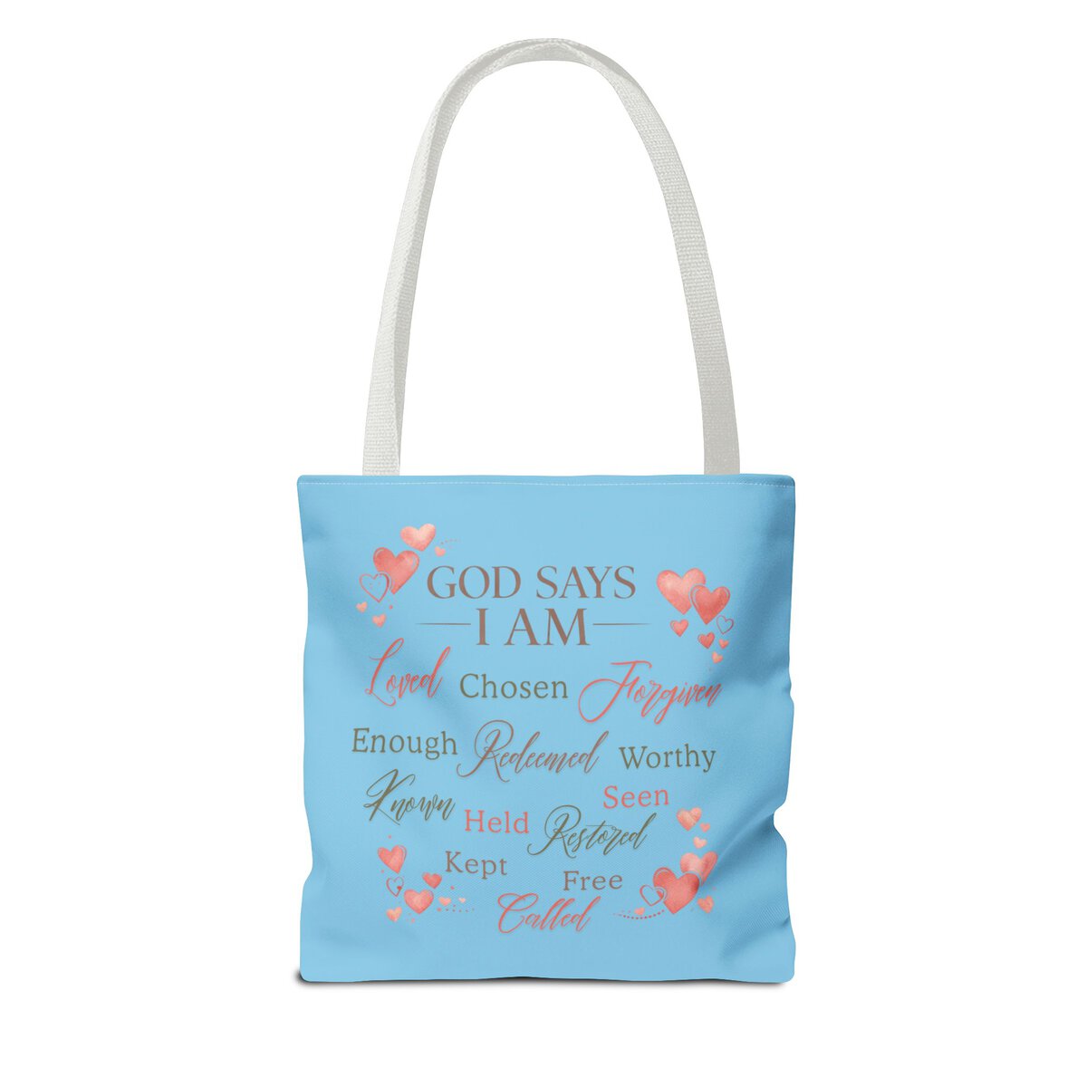GOD SAYS I AM WORD CLOUD - HEART MOTIF - SKY-BL - Tote Bag (AOP) - Image 2