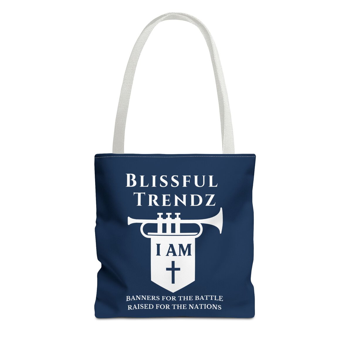Blissful Trendz - I AM - Banners For The Battle - Raised For The Nations - NVY/WHT - Tote Bag (AOP) - Image 5