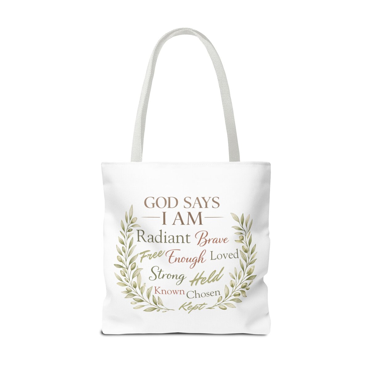 GOD SAYS I AM WORD CLOUD - OLIVE BRANCH MOTIF - WHT - Tote Bag (AOP) - Image 6