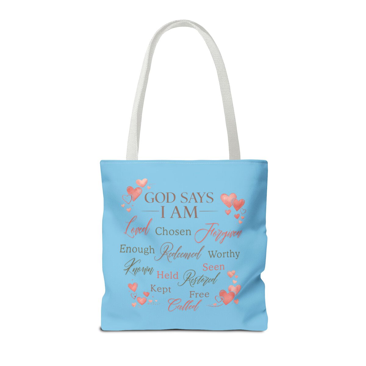 GOD SAYS I AM WORD CLOUD - HEART MOTIF - SKY-BL - Tote Bag (AOP) - Image 4
