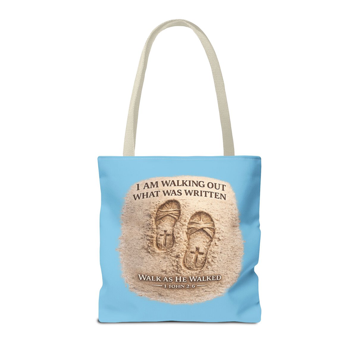 I AM WALKING OUT WHAT WAS WRITTEN - WALK AS HE WALKED - 1 JOHN 2:6 - SKY-BLE - Tote Bag (AOP) - Image 4