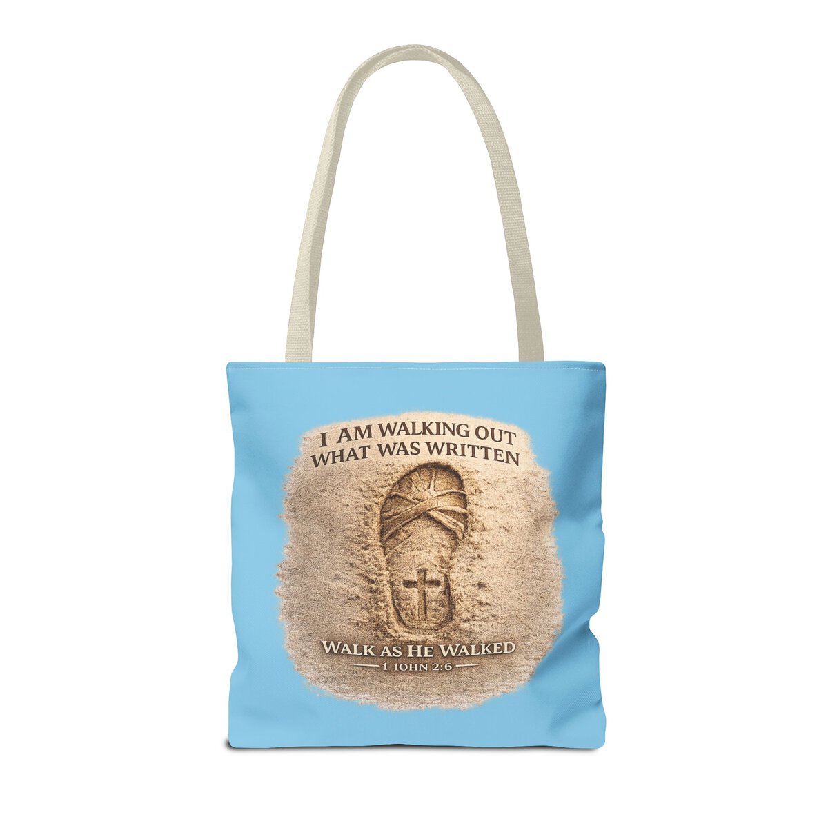 I AM WALKING OUT WHAT WAS WRITTEN - WALK AS HE WALKED - 1 JOHN 2:6 - SANDAL PRINT - SKY-BL - Tote Bag (AOP) - Image 4