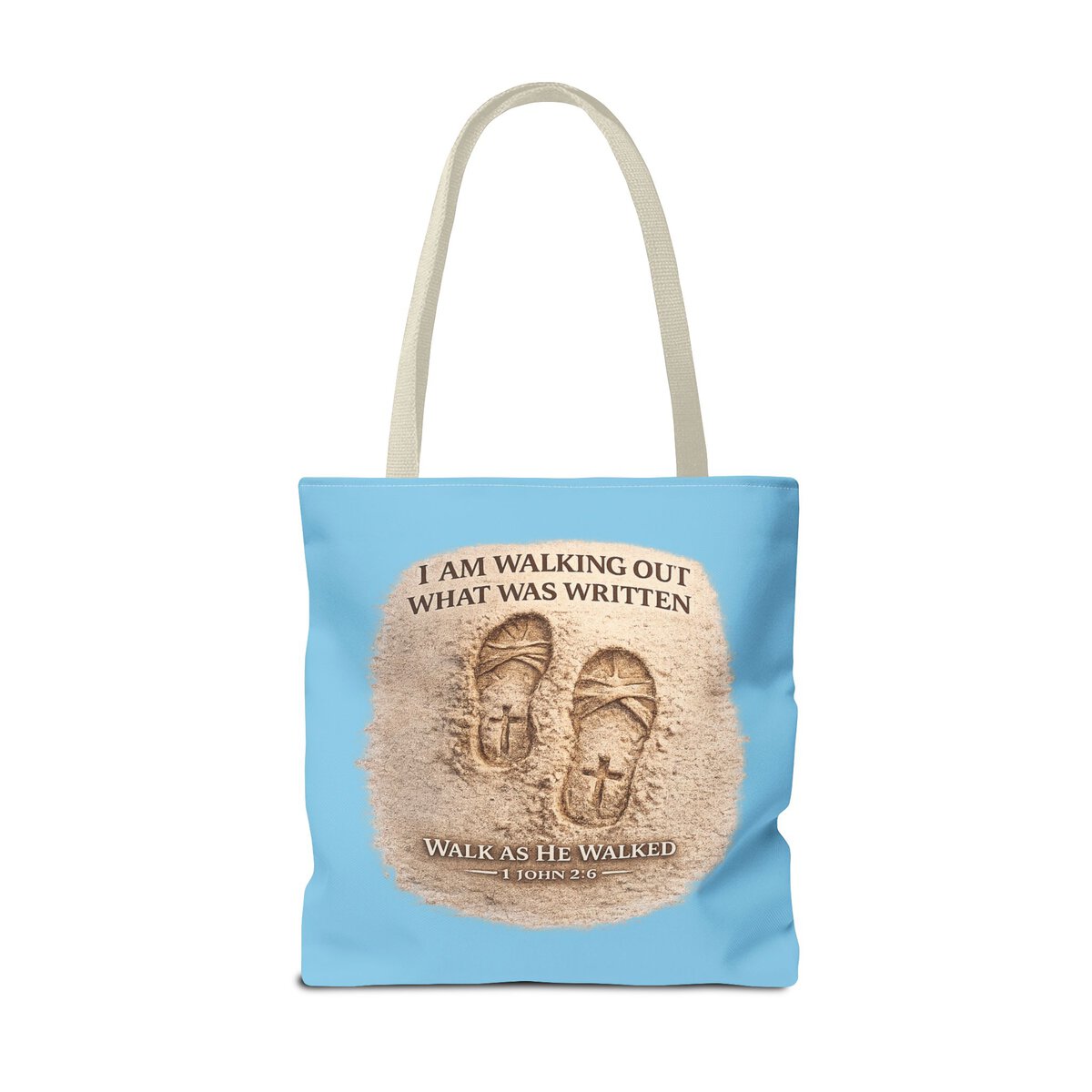 I AM WALKING OUT WHAT WAS WRITTEN - WALK AS HE WALKED - 1 JOHN 2:6 - SKY-BLE - Tote Bag (AOP) - Image 6