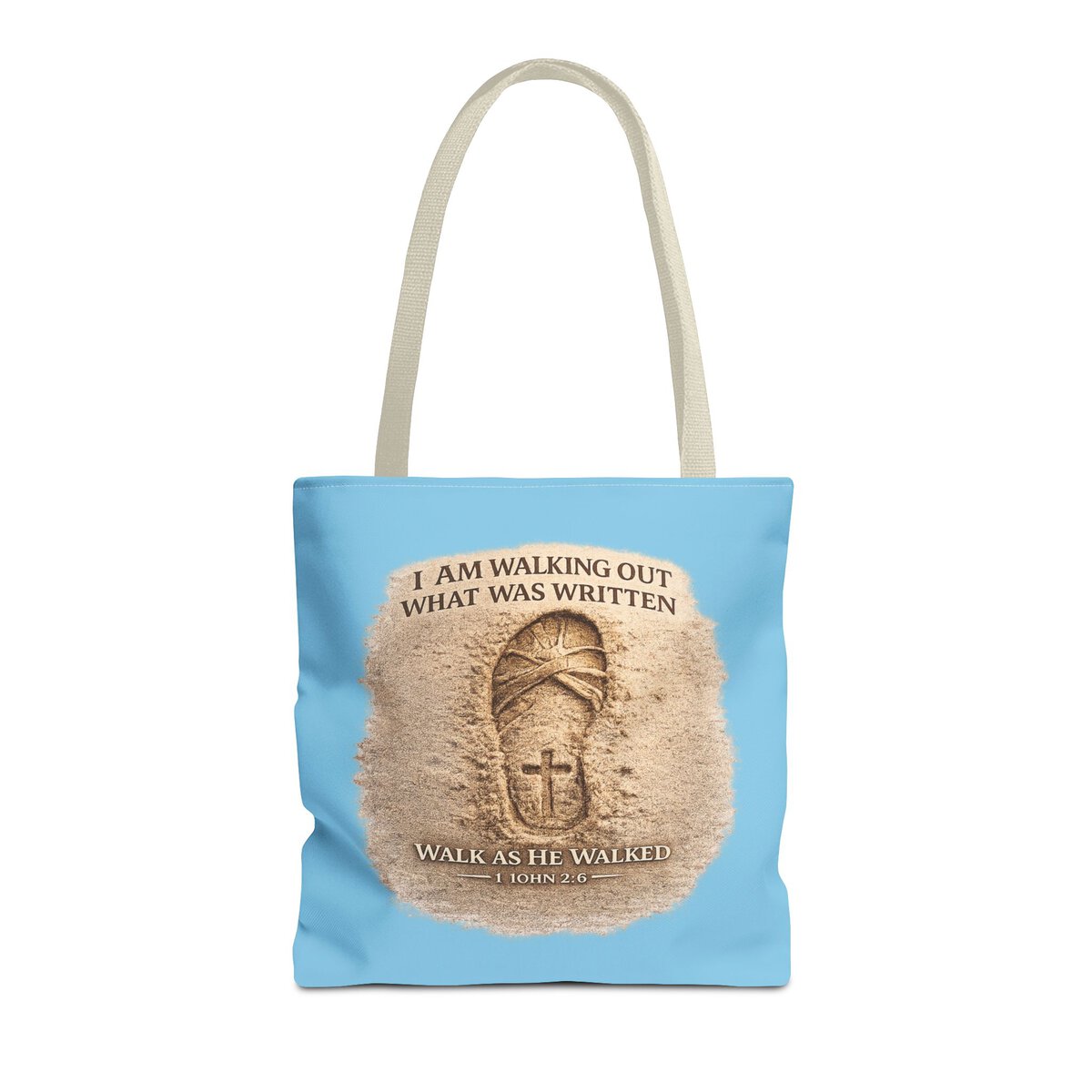 I AM WALKING OUT WHAT WAS WRITTEN - WALK AS HE WALKED - 1 JOHN 2:6 - SANDAL PRINT - SKY-BL - Tote Bag (AOP) - Image 3