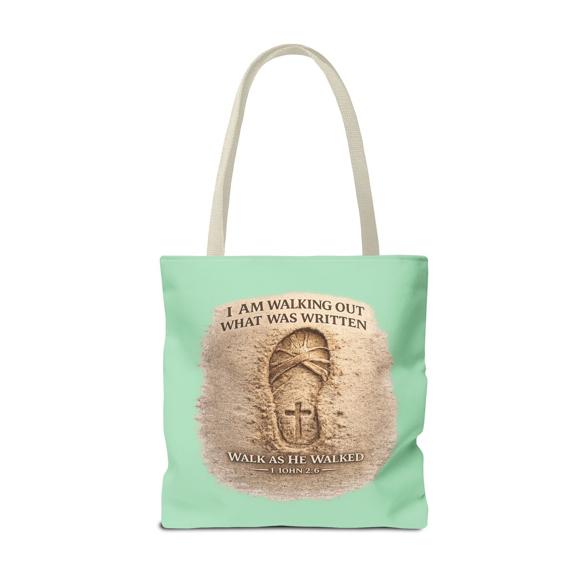 I AM WALKING OUT WHAT WAS WRITTEN - WALK AS HE WALKED - 1 JOHN 2:6 - SANDAL PRINT - MNT - Tote Bag (AOP) - Image 6
