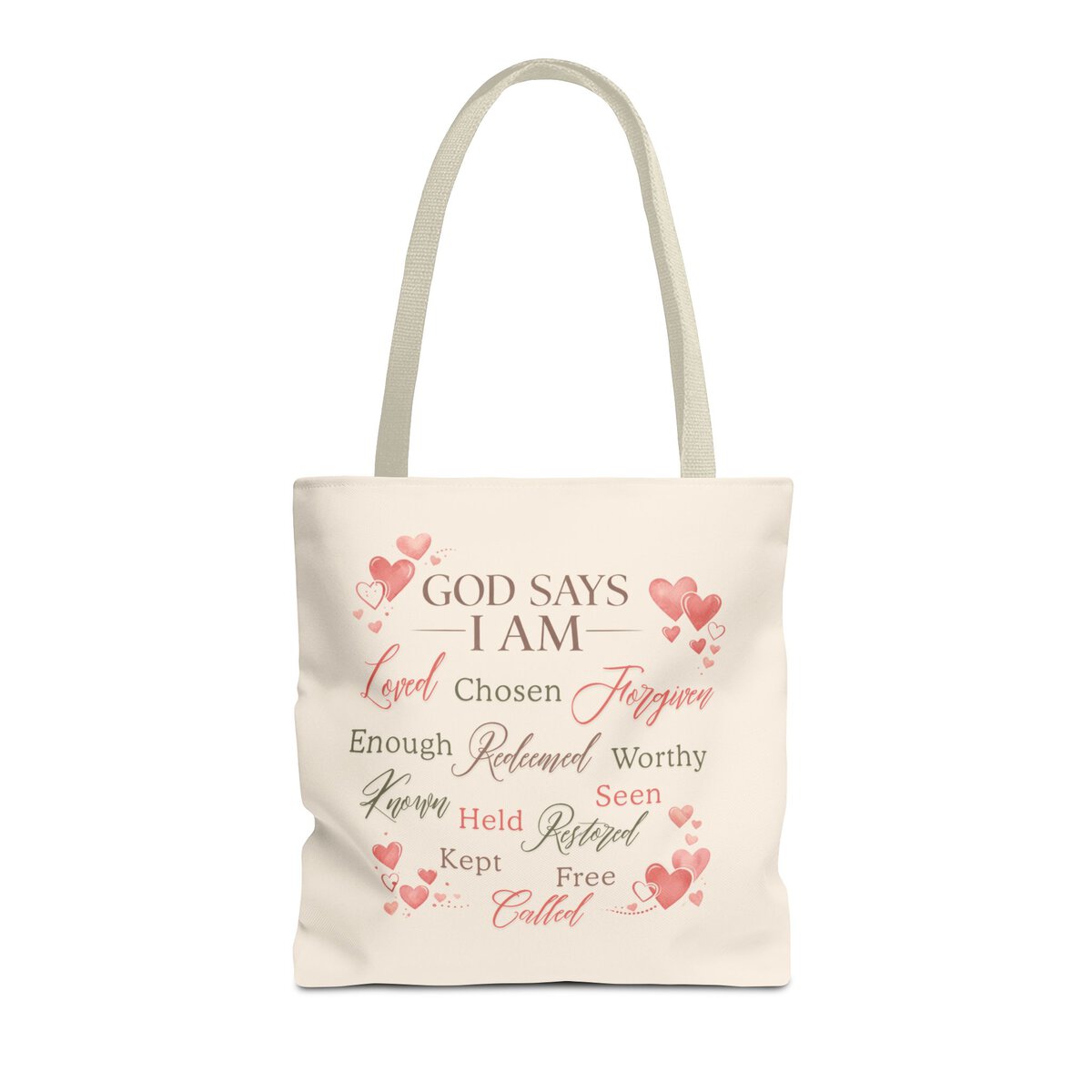 GOD SAYS I AM WORD CLOUD - HEART MOTIF - BGE - Tote Bag (AOP) - Image 3