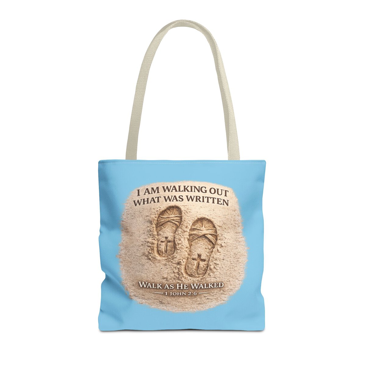 I AM WALKING OUT WHAT WAS WRITTEN - WALK AS HE WALKED - 1 JOHN 2:6 - SKY-BLE - Tote Bag (AOP) - Image 3