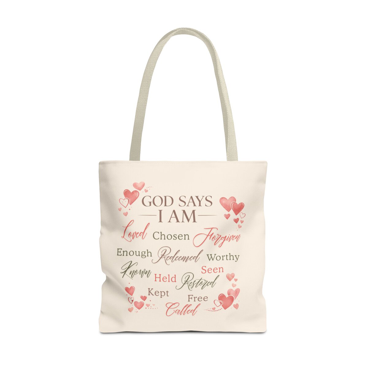 GOD SAYS I AM WORD CLOUD - HEART MOTIF - BGE - Tote Bag (AOP) - Image 5