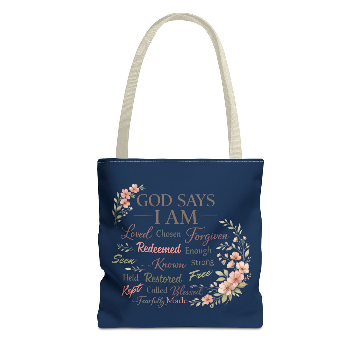 GOD SAYS I AM WORD CLOUD - FLORAL MOTIF - NVY - Tote Bag (AOP)
