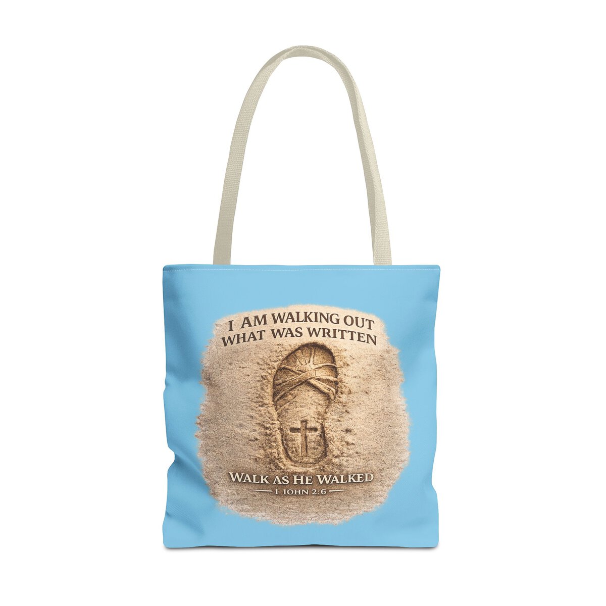 I AM WALKING OUT WHAT WAS WRITTEN - WALK AS HE WALKED - 1 JOHN 2:6 - SANDAL PRINT - SKY-BL - Tote Bag (AOP) - Image 5