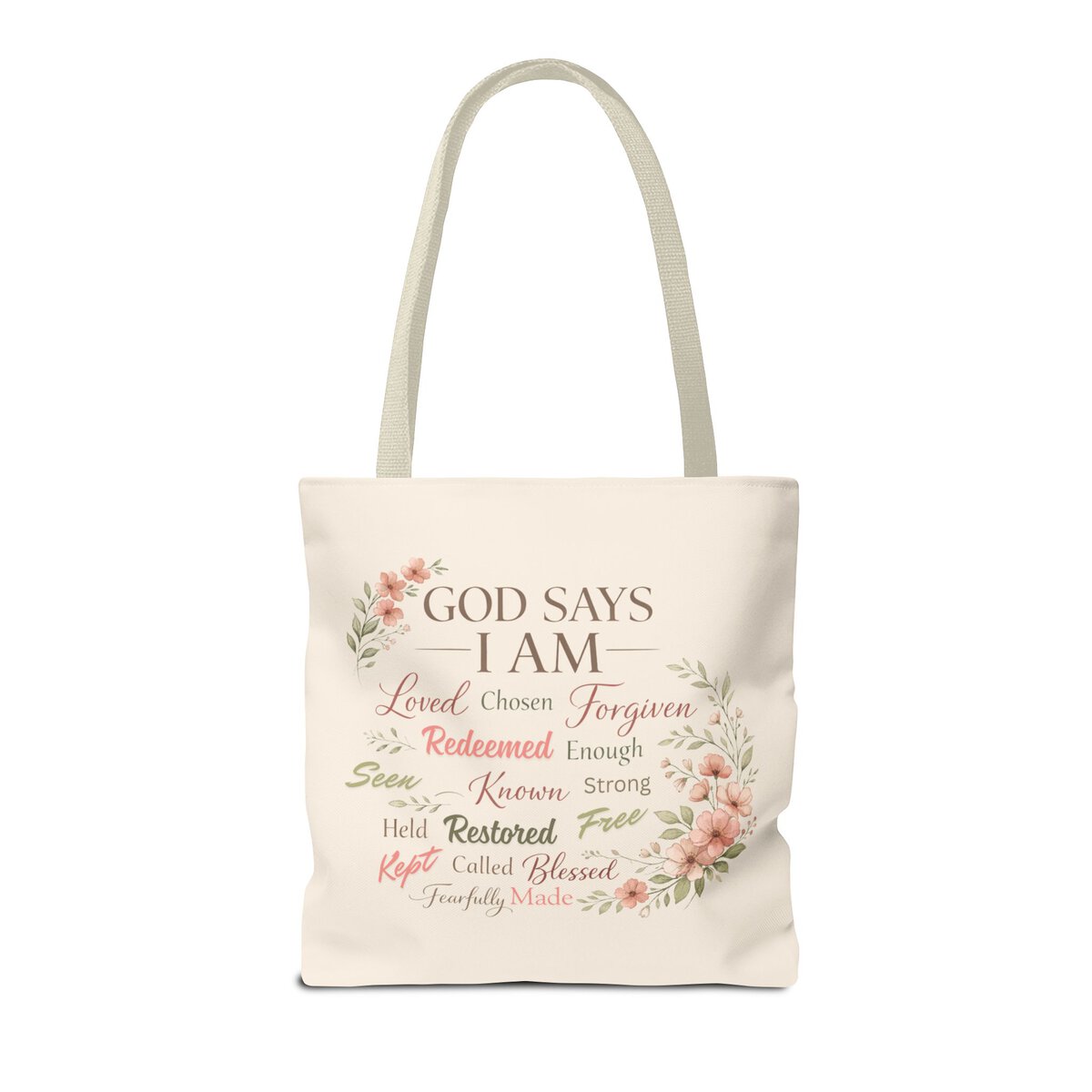GOD SAYS I AM WORD CLOUD - FLORAL MOTIF - BGE - Tote Bag (AOP) - Image 4