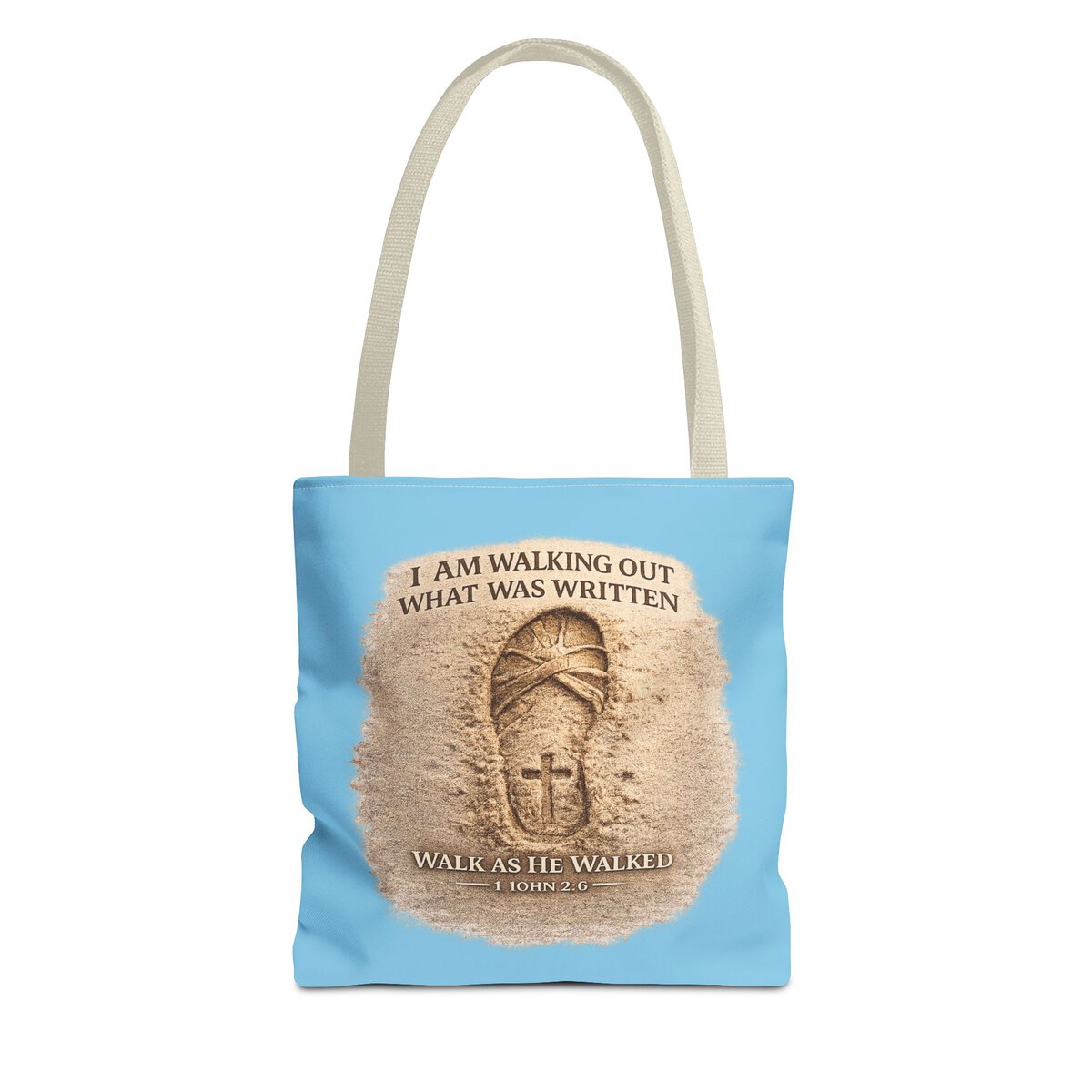 I AM WALKING OUT WHAT WAS WRITTEN - WALK AS HE WALKED - 1 JOHN 2:6 - SANDAL PRINT - SKY-BL - Tote Bag (AOP)