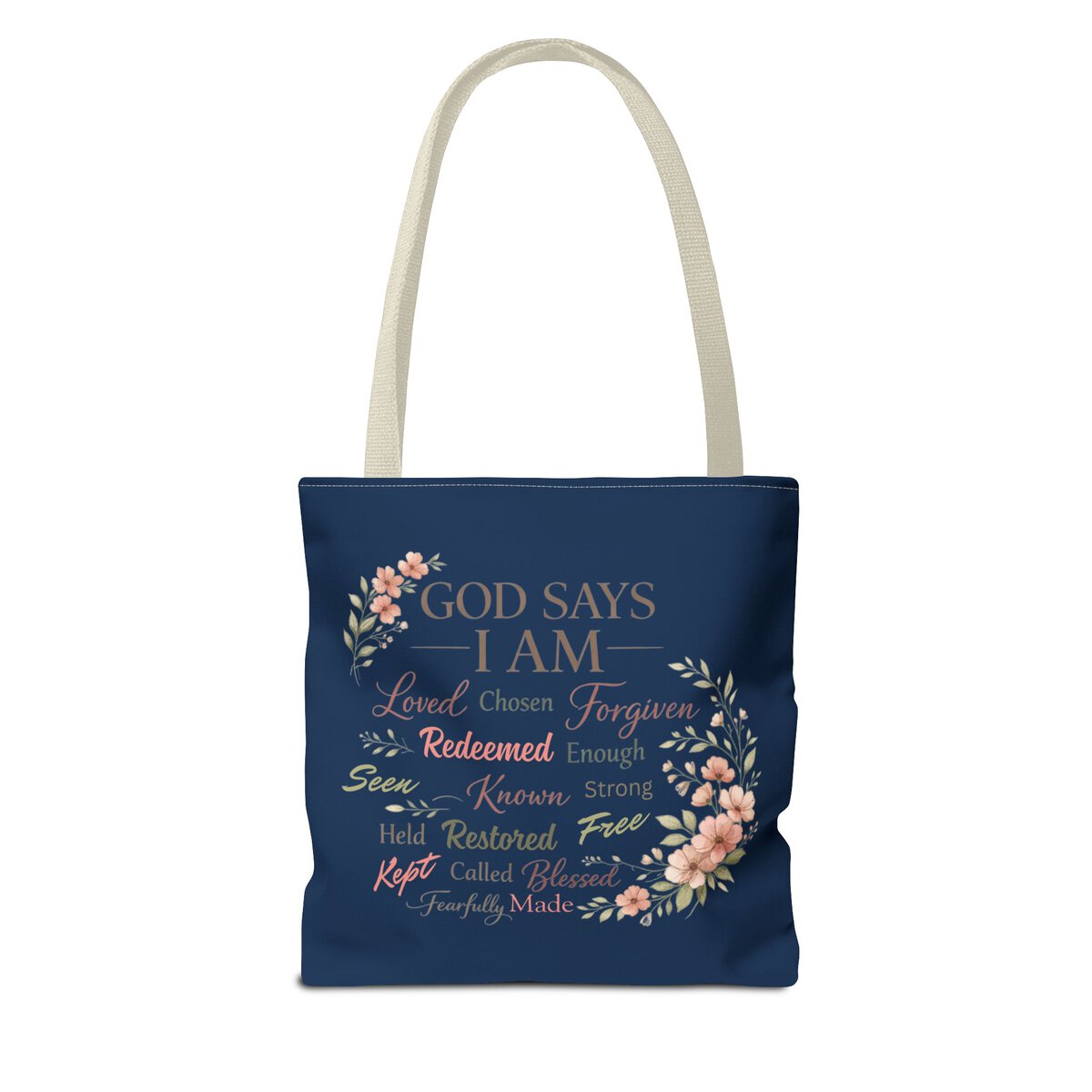 GOD SAYS I AM WORD CLOUD - FLORAL MOTIF - NVY - Tote Bag (AOP) - Image 2