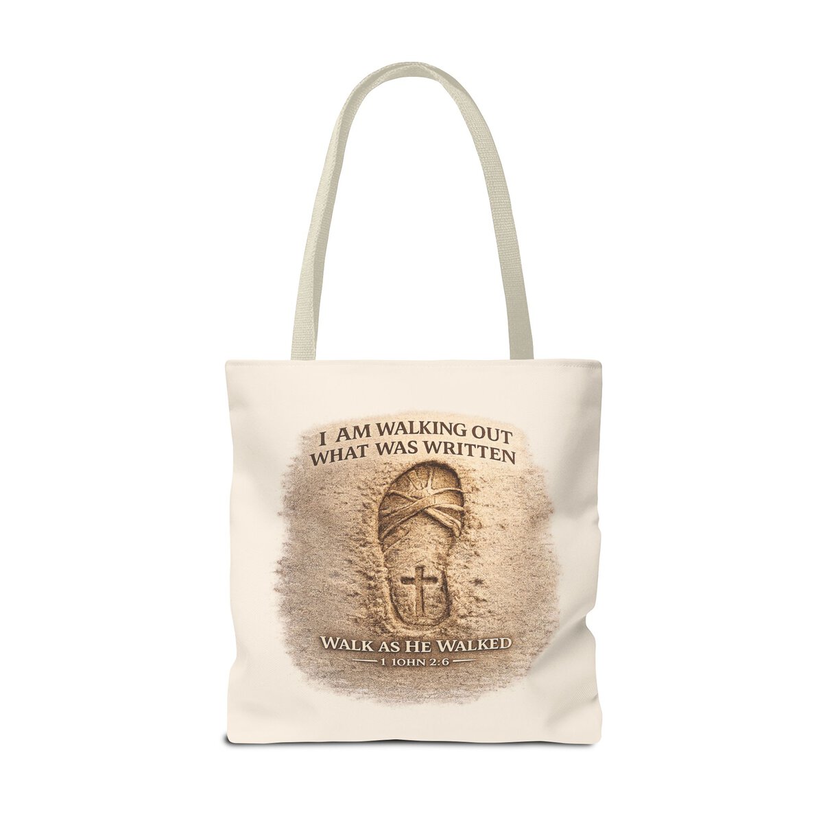 I AM WALKING OUT WHAT WAS WRITTEN - WALK AS HE WALKED - 1 JOHN 2:6 - SANDAL PRINT - BGE - Tote Bag (AOP) - Image 6