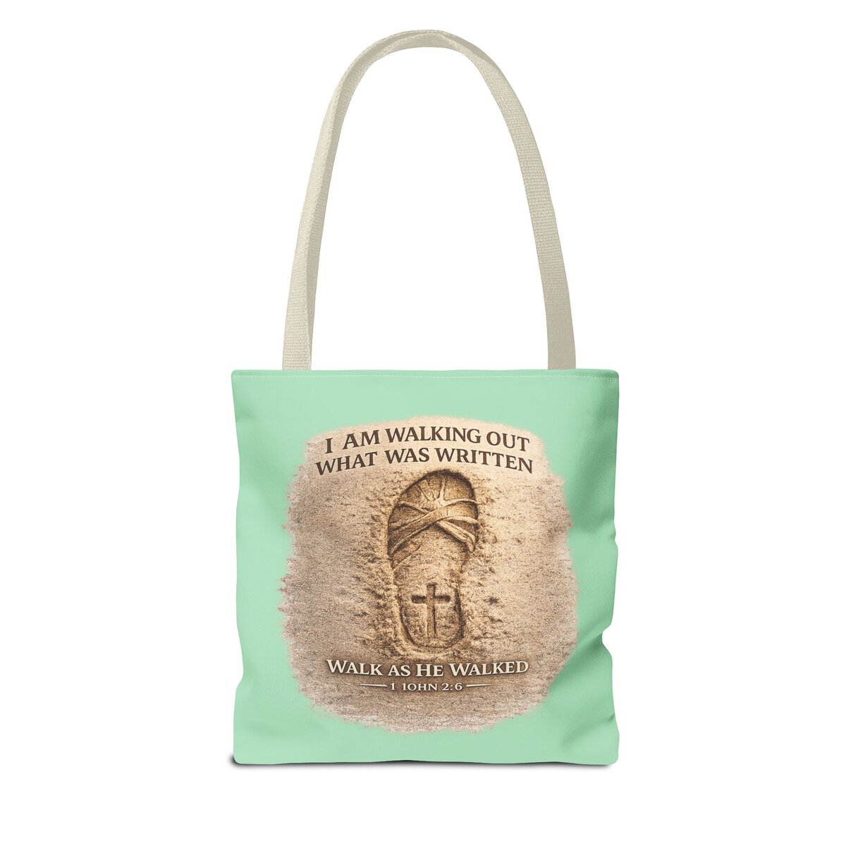 I AM WALKING OUT WHAT WAS WRITTEN - WALK AS HE WALKED - 1 JOHN 2:6 - SANDAL PRINT - MNT - Tote Bag (AOP) - Image 2