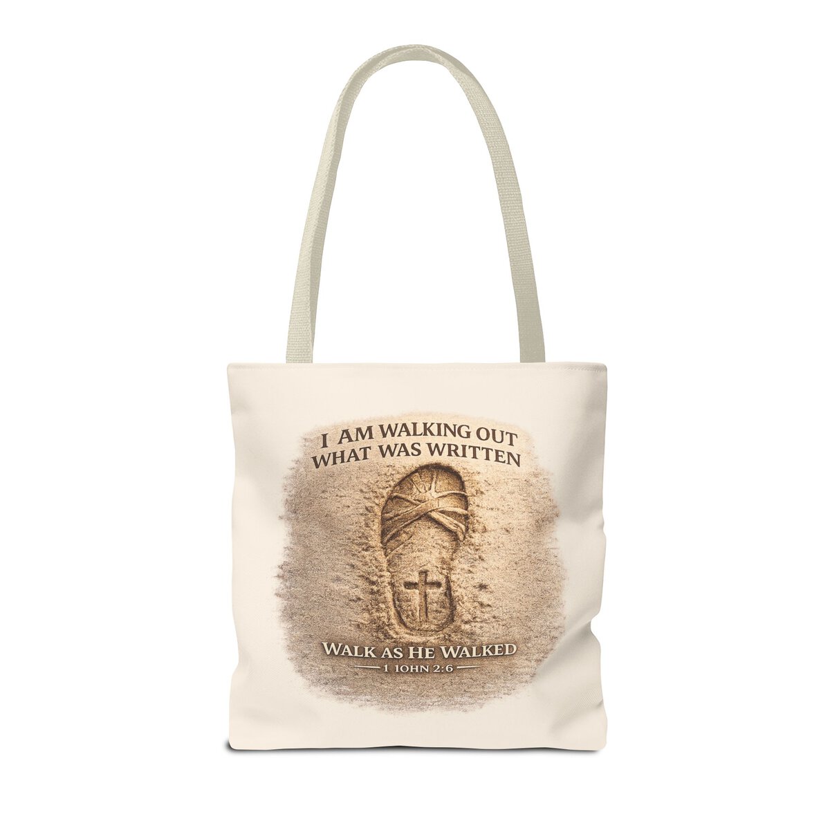 I AM WALKING OUT WHAT WAS WRITTEN - WALK AS HE WALKED - 1 JOHN 2:6 - SANDAL PRINT - BGE - Tote Bag (AOP) - Image 4