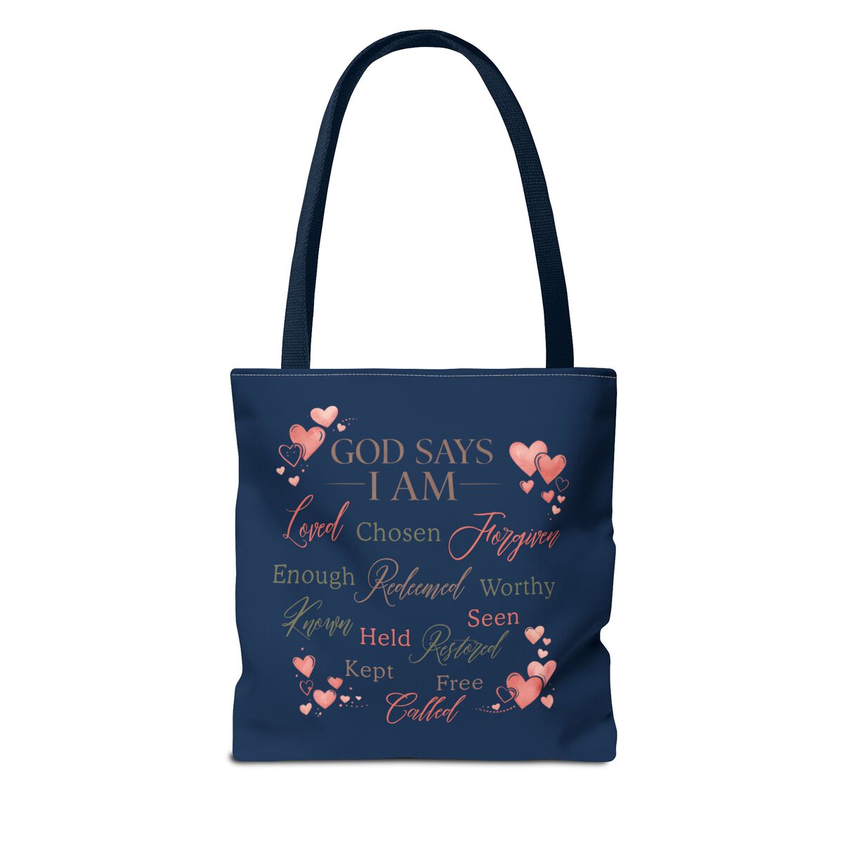 GOD SAYS I AM WORD CLOUD - HEART MOTIF - NVY - Tote Bag (AOP) - Image 2