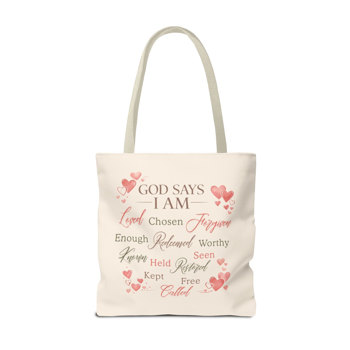 GOD SAYS I AM WORD CLOUD - HEART MOTIF - BGE - Tote Bag (AOP) - Image 6