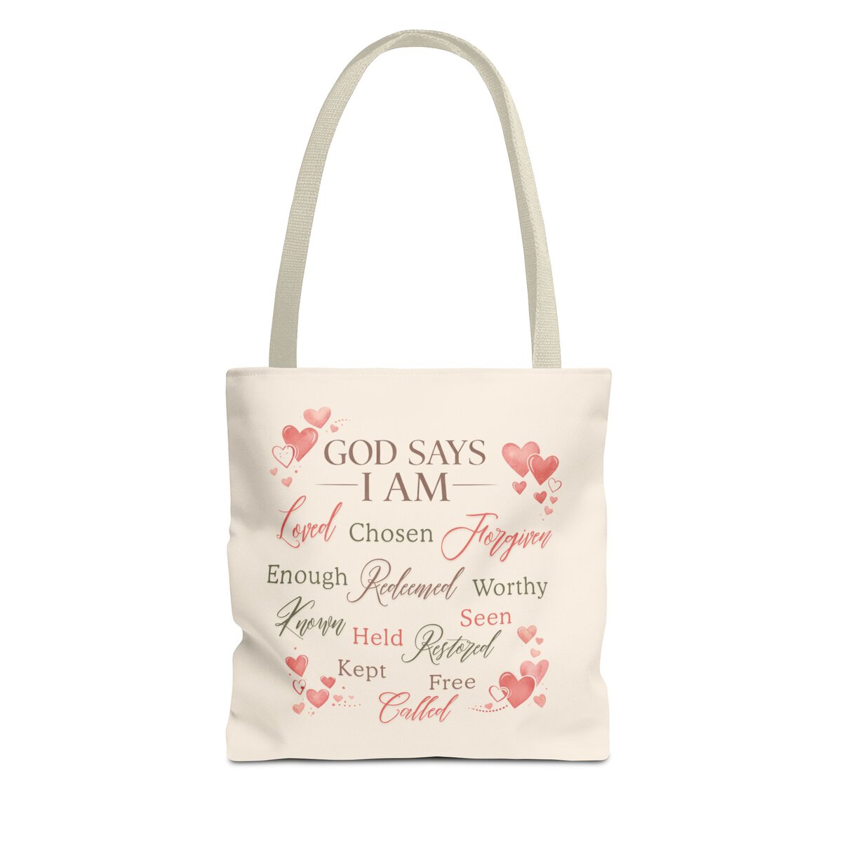 GOD SAYS I AM WORD CLOUD - HEART MOTIF - BGE - Tote Bag (AOP)