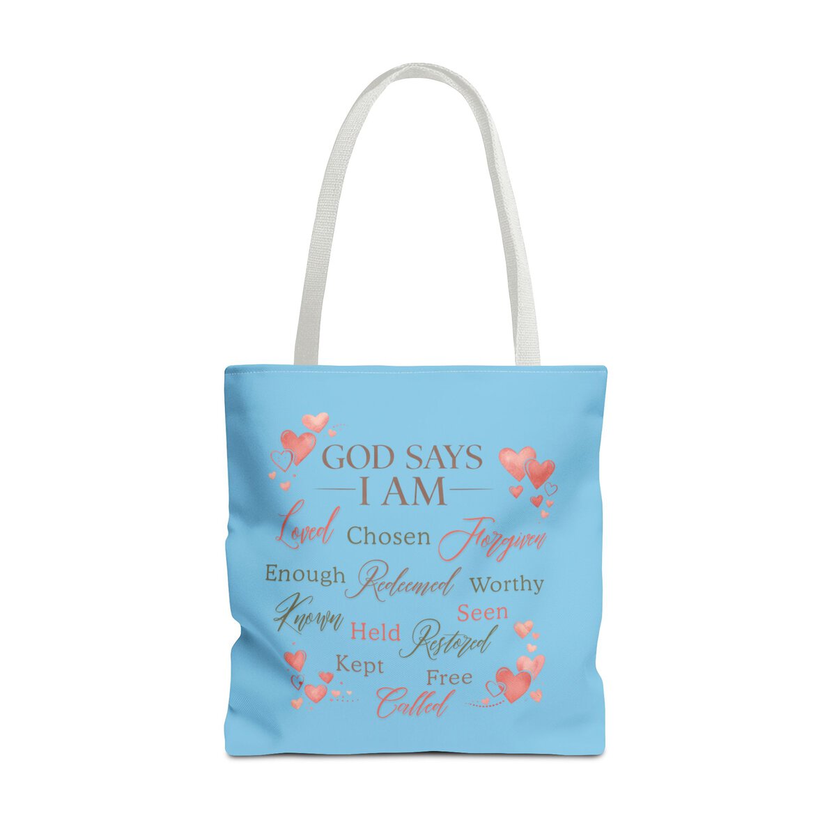GOD SAYS I AM WORD CLOUD - HEART MOTIF - SKY-BL - Tote Bag (AOP) - Image 5