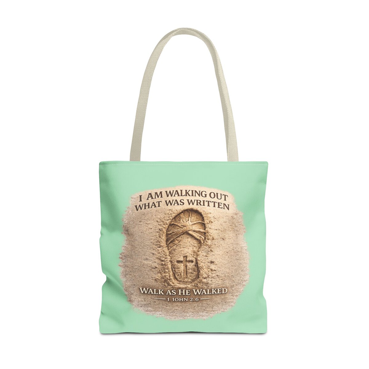 I AM WALKING OUT WHAT WAS WRITTEN - WALK AS HE WALKED - 1 JOHN 2:6 - SANDAL PRINT - MNT - Tote Bag (AOP) - Image 5