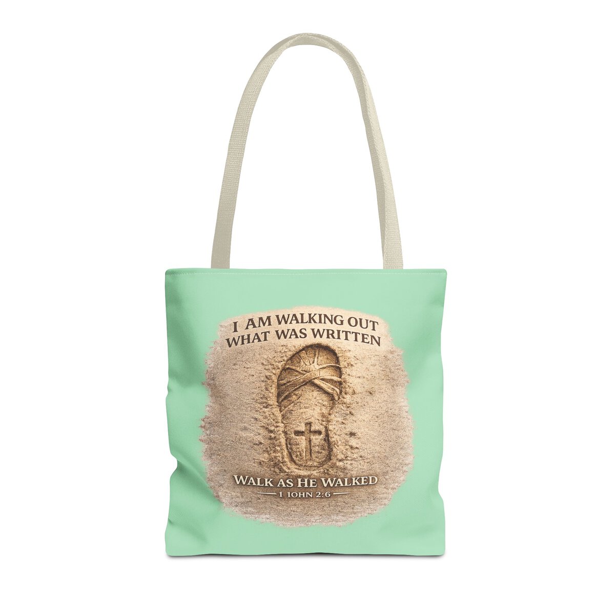 I AM WALKING OUT WHAT WAS WRITTEN - WALK AS HE WALKED - 1 JOHN 2:6 - SANDAL PRINT - MNT - Tote Bag (AOP) - Image 3