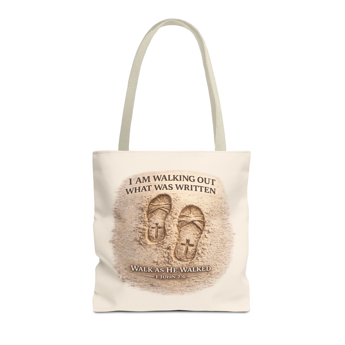 I AM WALKING OUT WHAT WAS WRITTEN - WALK AS HE WALKED - 1 JOHN 2:6 - BGE - Tote Bag (AOP) - Image 3