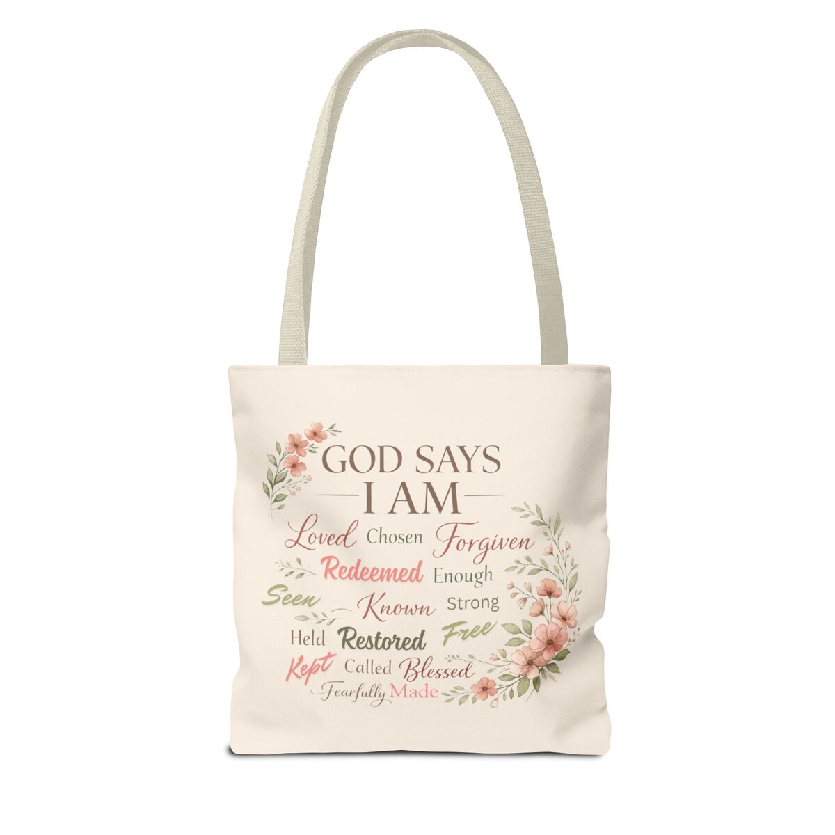 GOD SAYS I AM WORD CLOUD - FLORAL MOTIF - BGE - Tote Bag (AOP) - Image 2