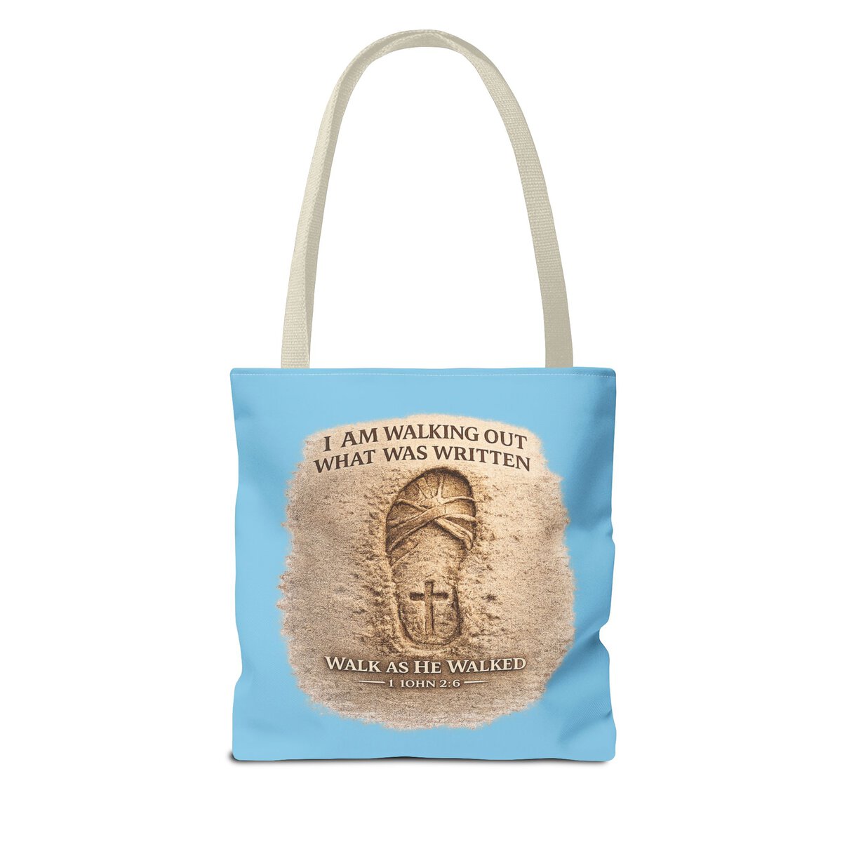 I AM WALKING OUT WHAT WAS WRITTEN - WALK AS HE WALKED - 1 JOHN 2:6 - SANDAL PRINT - SKY-BL - Tote Bag (AOP) - Image 2