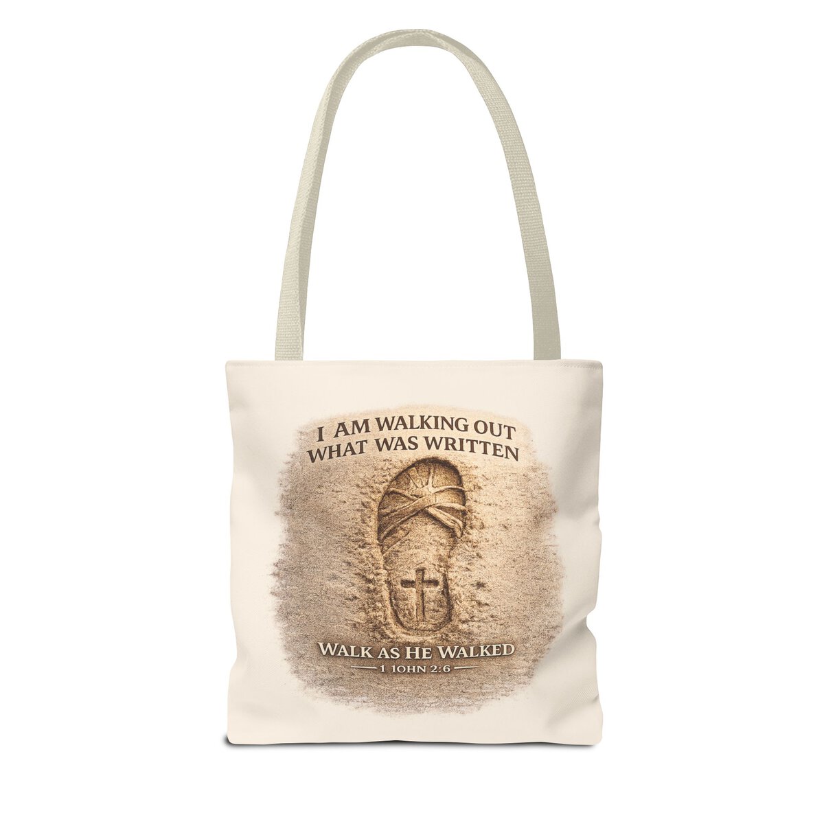 I AM WALKING OUT WHAT WAS WRITTEN - WALK AS HE WALKED - 1 JOHN 2:6 - SANDAL PRINT - BGE - Tote Bag (AOP) - Image 2