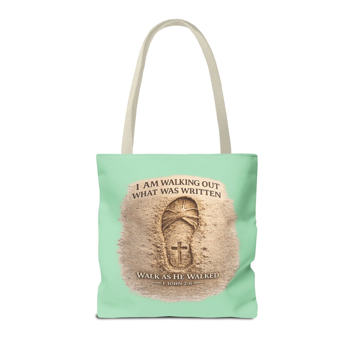 I AM WALKING OUT WHAT WAS WRITTEN - WALK AS HE WALKED - 1 JOHN 2:6 - SANDAL PRINT - MNT - Tote Bag (AOP) - Image 4