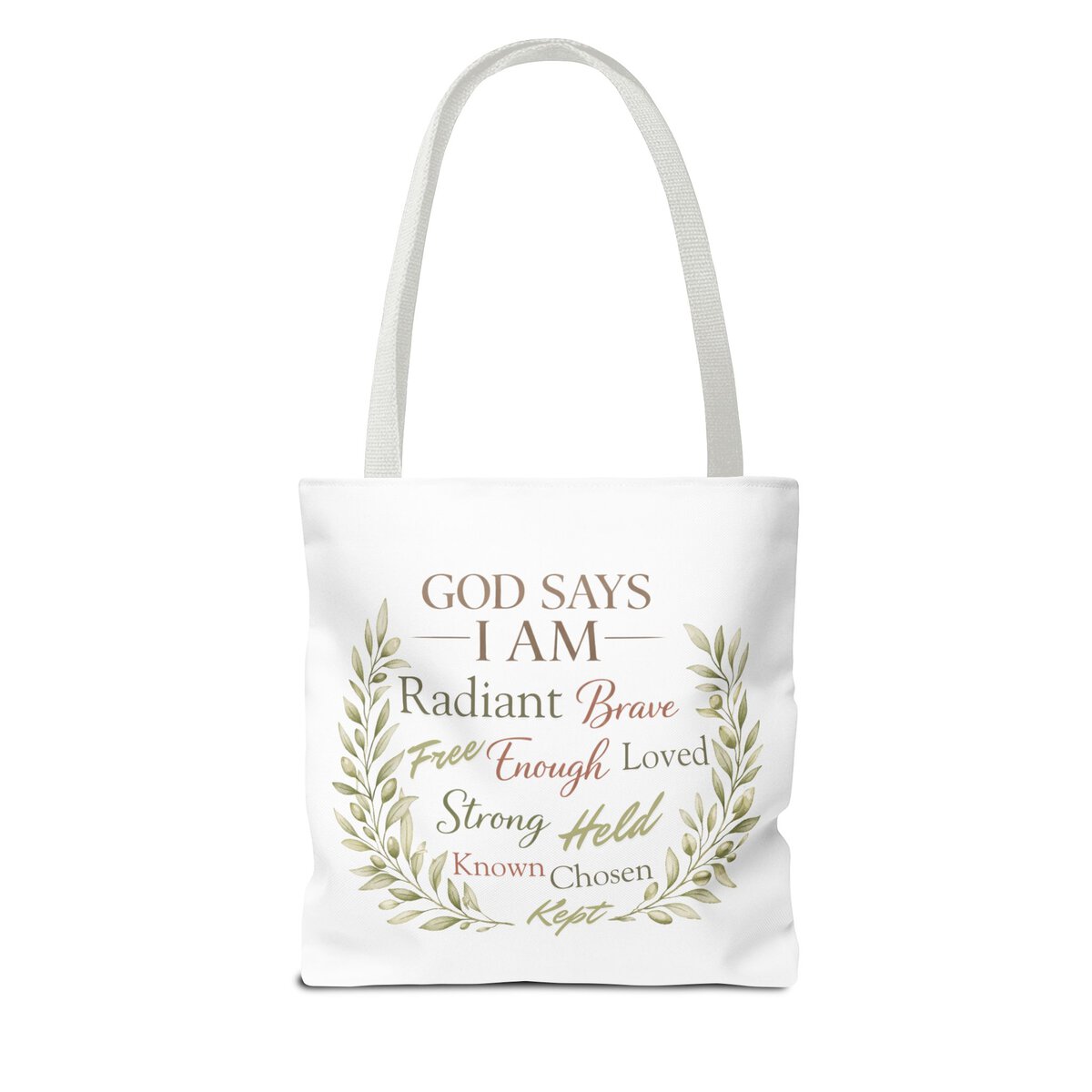 GOD SAYS I AM WORD CLOUD - OLIVE BRANCH MOTIF - WHT - Tote Bag (AOP) - Image 2