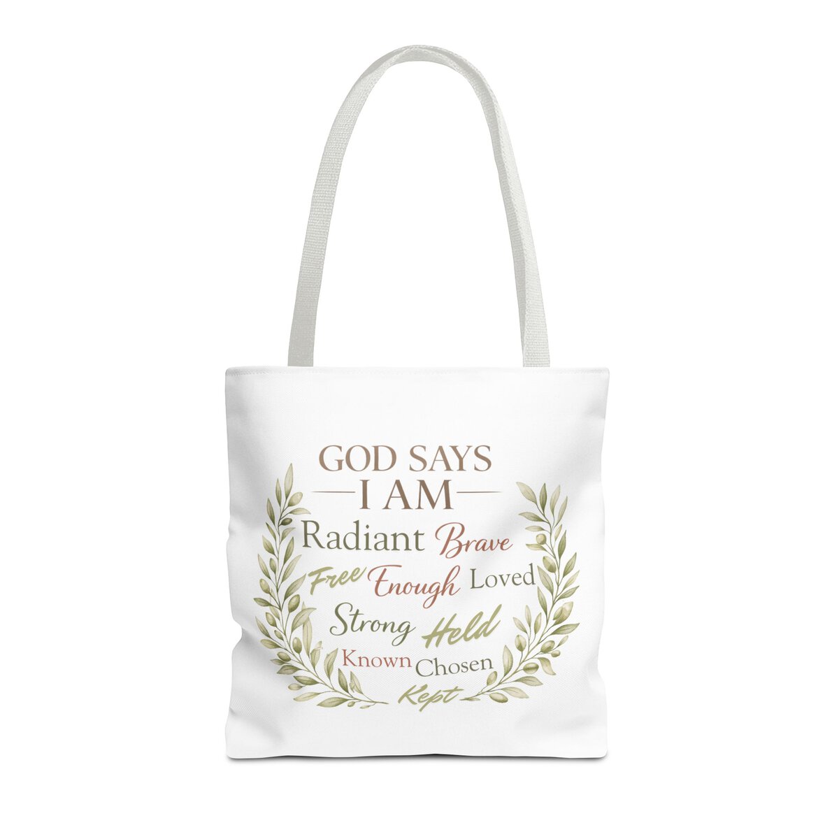GOD SAYS I AM WORD CLOUD - OLIVE BRANCH MOTIF - WHT - Tote Bag (AOP) - Image 3