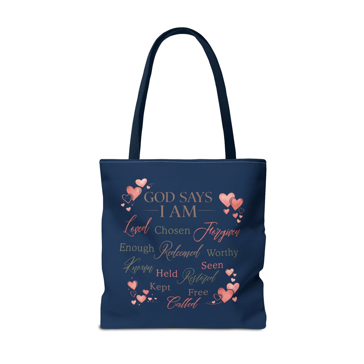 GOD SAYS I AM WORD CLOUD - HEART MOTIF - NVY - Tote Bag (AOP) - Image 6